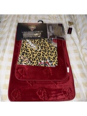 Ed Hardy Leopard Print & Tiger Shower Curtain With Red Memory Foam Rugs Set New